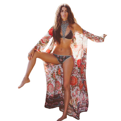 

Floral Print Blouse Shirt Long Kimono Women Cardigan Elegant Long Sleeve Summer Loose Beach Cover Up Outerwear Orange