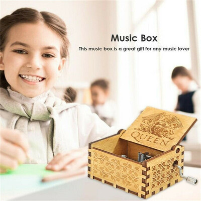 

Antique Carved Wooden Box Hand-Cranked Music Box Engraved Queen Design Bohemian Rhapsody For Kids