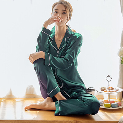 

Satin Silk Patchwork Womens Pajamas Set Long Sleeve Blouse Trousers Pajama Sets Women 2019 Autumn Winter Bathrobe Plus Size