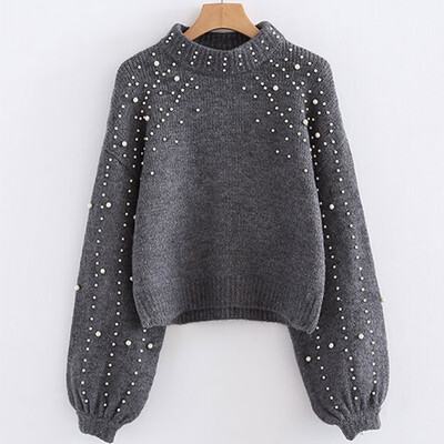 

European&American short loose hand-made nail bead semi high collar sweater