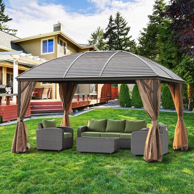 

13 x 10 Aluminum Metal Backyard Hardtop Gazebo with Screened Curtain BlackBrown