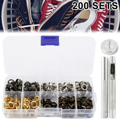 

New 200pcs Metal Eyelets Set 6mm Metal Grommets Rings Kit With Mounting Punch Rods For DIY Leather Craft Clothing Sewing Supplies