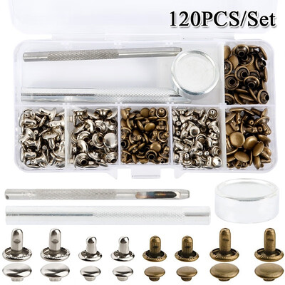 

120PcsSet Tubular Metal Studs Craft Snap Fastener Leather Double Cap Rivets Button Press Repair Tools Kit