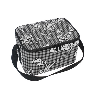 

ALAZA Insulated Lunch Box Lattice Flower Black Lunch Bag for Men Women Portable Tote Bag Cooler Bag