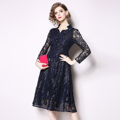 

S M L XL XXL 3XL elegant new spring 2019 lace midi dress women long sleeve black blue flower vintage V neck A line lady