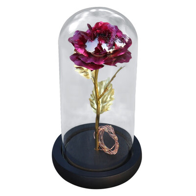 

Artificial Gold Foil Rose Flower&LED Light String In Glass Dome On Wooden Base The Best Gift For Women