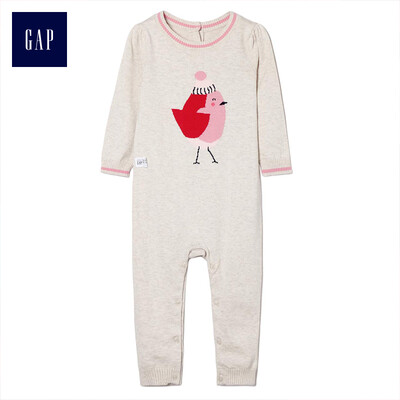

GAP flagship store baby girl bird pattern long-sleeved knit one-piece jumpsuit 401665 light beige 3-6M