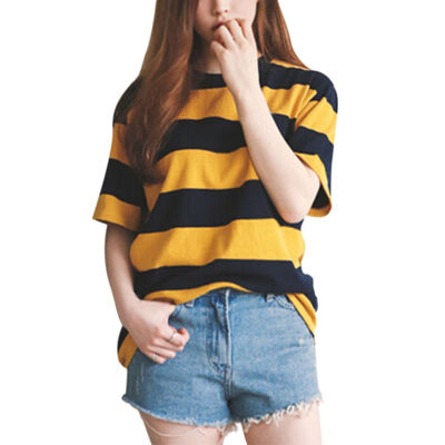 

Women Yellow&Black Striped Round Neck Collar Loosen Half Sleeve T-Shirt Casual Tops