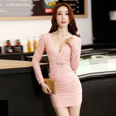 

New autumn&summer models night ladies long-sleeved lace princess skirt low-cut V-neck hotel KTV dress sauna clothes