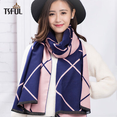 

Tsful scarf female winter long warm air conditioning shawl winter thick dual-use wild stripes Korean fashion scarf TSO620WJ large oblique treasure blue powder