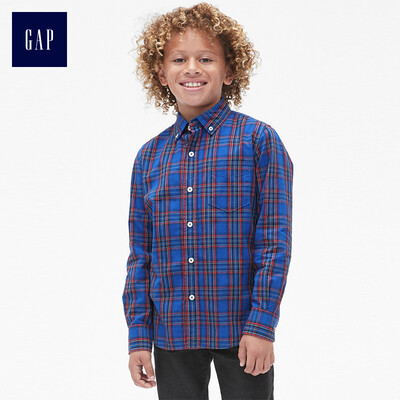 

GAP flagship store boy poplin plaid straight long-sleeved shirt 400136 cobalt blue S