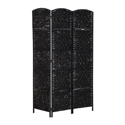 

6 Tall Wicker Weave Three Panel Room Divider Privacy Screen - Black Wood