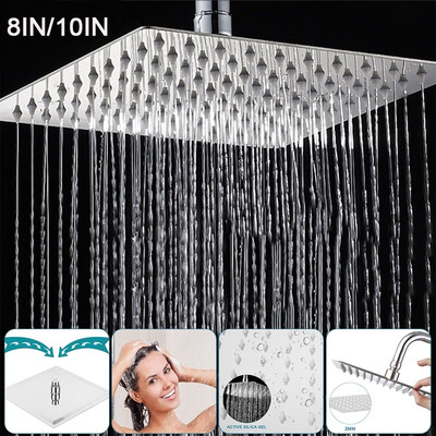 

810 Inch Square Top Rainfall Shower Head Bath Overhead Sprayer Faucet Stainless Steel