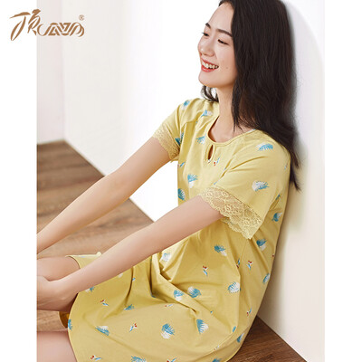 

Top melon melon pajamas women cotton print can be worn outside lace comfortable breathable nightdress home skirt 2019 spring&summer new zy92320jd yellow short sleeve 160