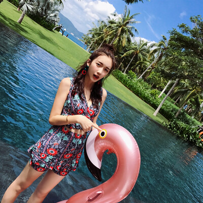 

Yi Meishan swimsuit female two-piece Korean hot spring swimsuit small chest gathered conservative cover belly slim sexy swimsuit split YMS188362 black print M