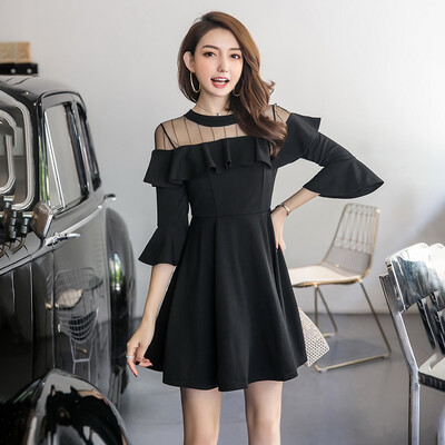 

JOY OF JOY Jingdong womens 2019 spring new striped mesh stitching ruffled chic port wind small black dress big swing trumpet sleeve dress JWQZ191560 black M