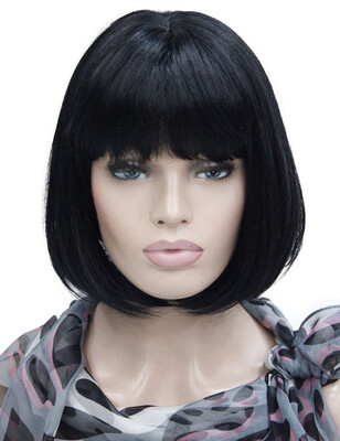 

StrongBeauty Short Black Bob Skin Top with Bangs Full Synthetic Wig COLOUR CHOICES