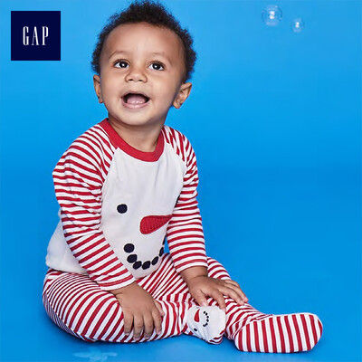 

GAP flagship store newborn New Year red snowman pattern elastic waist with feet trousers 399998 red stripes 0-3M