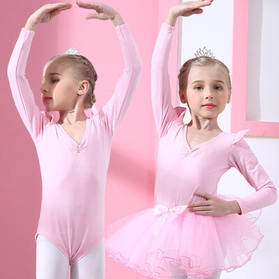 

Chic childrens dance costume girls autumn&winter childrens exercise clothes costumes suits one-piece clothes ballet skirt long sleeve pink
