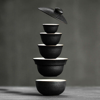

Black Ceramic Gaiwan with 4 Teacups Travel Tea set in Cotton Storage Bag