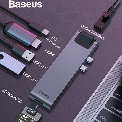 

Baseus Portable 7 in 1 Dual USB Type-C HUB USB 30 HDMI RJ45 Adapter Computer MacBook laptop OTG Accessory