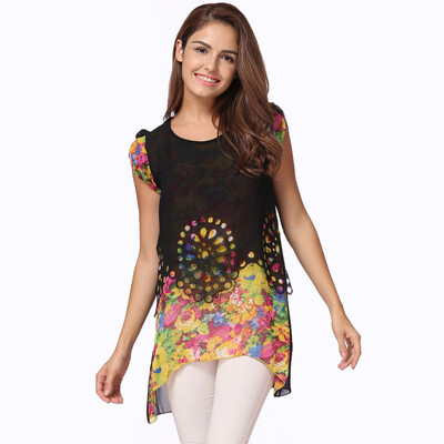 

New Fashion Women Chiffon Blouse Floral Print Hollow Out Overlay Petal Sleeves Tops