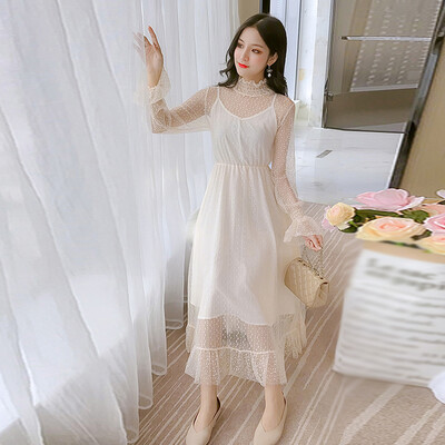 

JOY OF JOY Jingdong womens 2019 new retro French temperament lace bottoming dress female tide JWQZ191360 apricot M