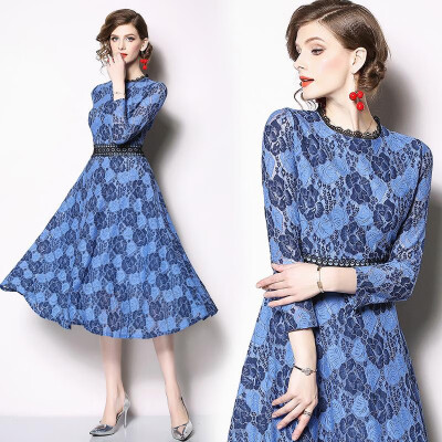 

M L XL XXL XXXL elegant new spring 2019 lace maxi dress women long sleeve blue slim mid calf A line lady office