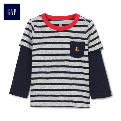 

GAP flagship store childrens clothing baby cotton long-sleeved T-shirt male baby striped fake two-piece shirt 399712 light gray gray 73cm 6-12 months