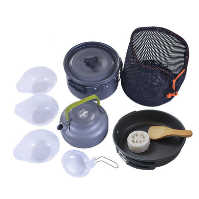 

9pcs Camping Pot Pan Kettle Bowl Spoon Set Aluminum Alloy Outdoor Tableware Cookware Backpacking Cooking Picnic Teapot Pan