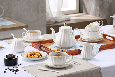 

Porcelain Gold Rim Coffee Tea Set Teapot Sugar Bowl Creamer Cups Infuser Holder White