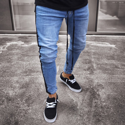 

Skinny Jeans Men Hip Hop Stripe Elastic Slim Fit Denim Pants Male Stretchy Pencil Bottoms street Knee Ripped Holes Jean