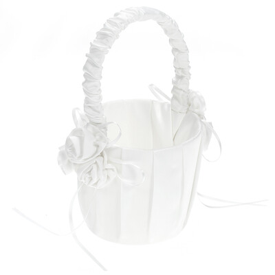 

White Satin Wedding Flower Girl Basket with Floral Decoration Wedding Supplies