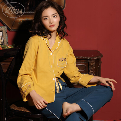 

Qingtong pajamas womens cotton long-sleeved spring&summer new long-sleeved Korean fashion trendy cute home service suit 3373287 yellow M
