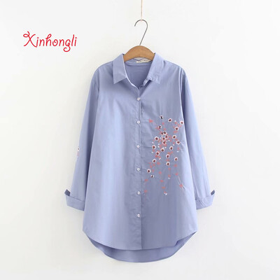 

Plus size Plum blossom Embroidery cotton women shirts 2019 spring NEW casual ladies loose blouse female yellow pink blue beige
