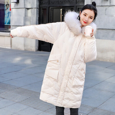 

Winter big fur collar down jacket women 2018 new loose slimming cotton jacket letter embroidery long coat 90293