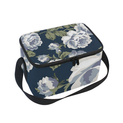 

ALAZA Insulated Lunch Box Elegant Blue Rose Lunch Bag for Men Women Portable Tote Bag Cooler Bag