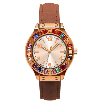 

2018 New Women Fashion Luxury Leisure Set Auger Leather Analog Stainless Steel Quartz Watch