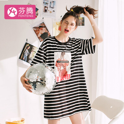 

Fen Teng 2019 spring&summer new cute cartoon round neck casual cotton short-sleeved home service ladies pajamas nightdress J980A21690 black strip M
