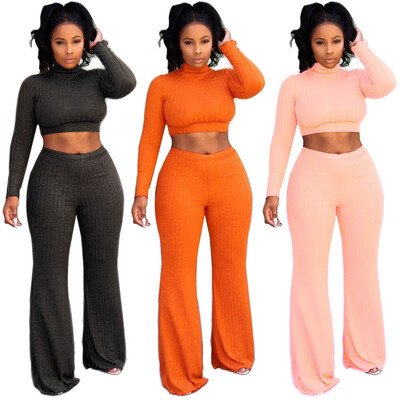 

Winter New Set Womens Pit Round Neck Top Wide Leg Pants Two Piece Set