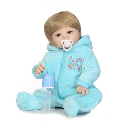 

Reborn Baby Girl Doll 22 inch Soft Full Silicone Vinyl Body Lifelike Toddler Doll Play House Bath Toy Gift for ages 3 With Blue