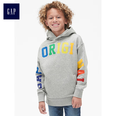 

GAP flagship store childrens clothing boy hoodie pullover letter print sweater 399943 light gray ash 140cm