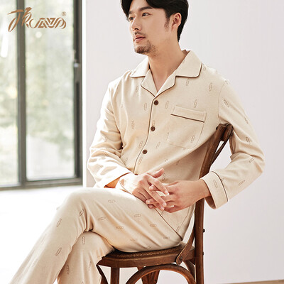 

Top melon melon pajamas mens cotton spring casual printing lapel mens long-sleeved home service suit jd50120 Navy 175