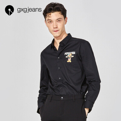 

Gxgjeans mens 2019 spring youth cotton black long-sleeved shirt mens self-cultivation printing Korean version of the tide black M