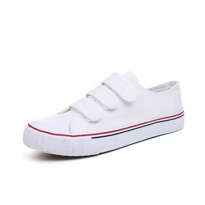 

Womens Vulcanize Shoes Hook & Loop Canvas Shoes White Women Sneakers Rubber Sole