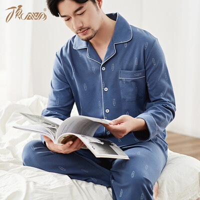 

Top melon melon pajamas mens cotton spring casual printing lapel mens long-sleeved home service suit jd50120 Navy blue 170
