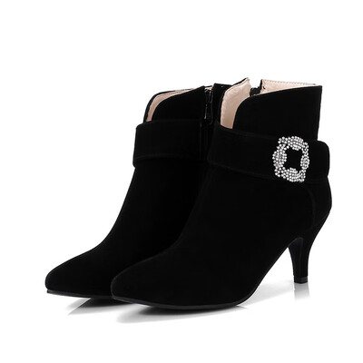 

IDIFU Womens Sexy Faxu Suede Rhinestone Belt Pointed Toe High Stiletto Heel Side Zipper Ankle Booties