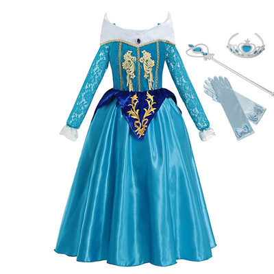 

MUABABY Girls Blue Aurora Fancy Dress Up Clothes Long Sleeve Sleeping Beauty Princess Costume Kids Christmas Party Cosplay Gown