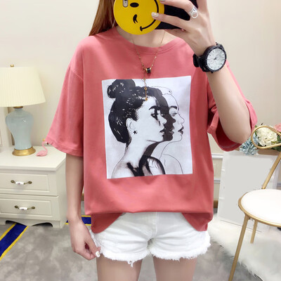 

Long Yue womens 2019 summer new short-sleeved T-shirt female students Korean version of the loose shirt printing shirts LWTD191418 brick red