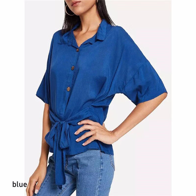 

Womens Shirt Half Sleeve Solid Color Turn Down Collar Loose Bandage Top shirts